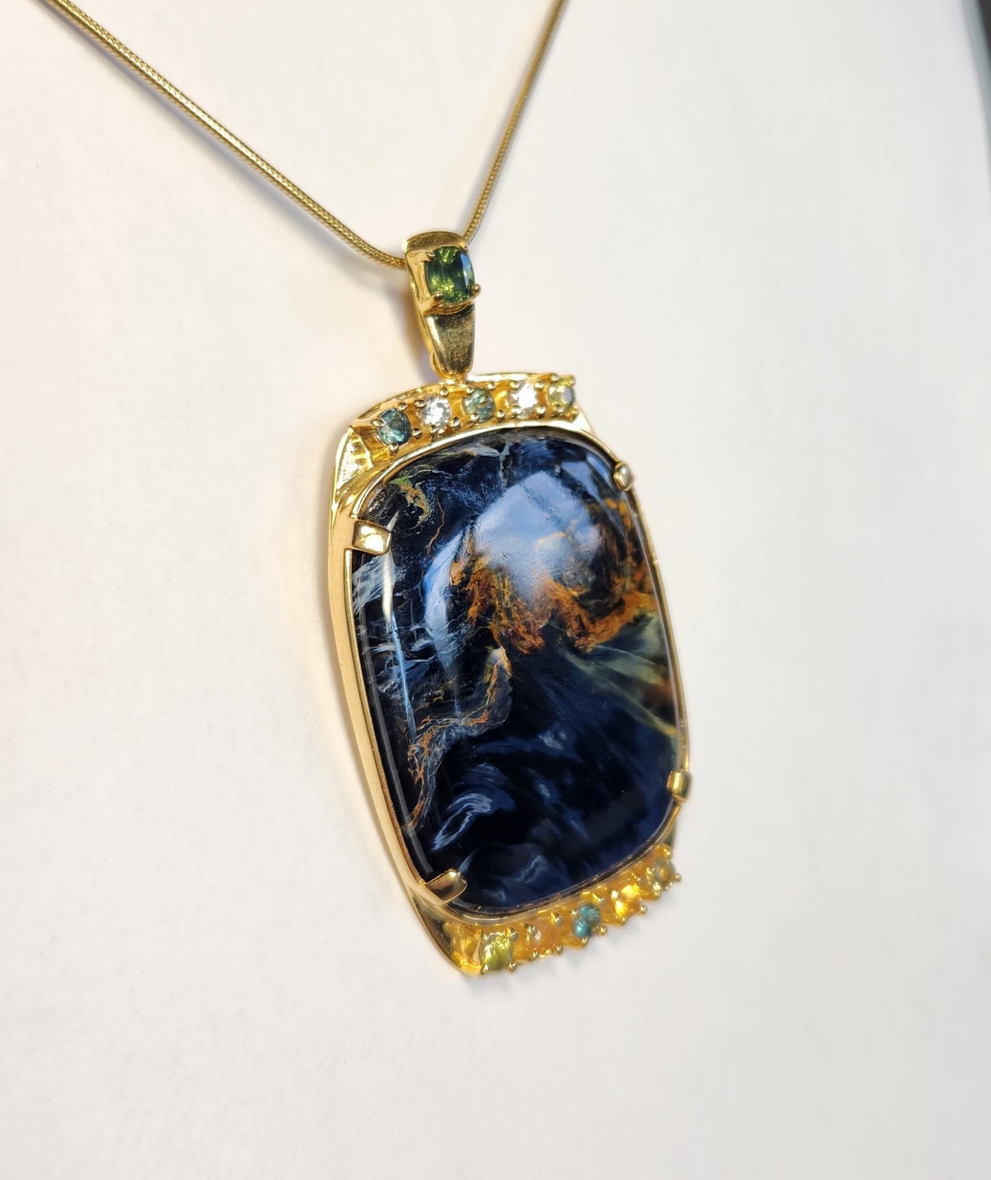Pietersite ,Diamonds and Sapphires Pendant set in 14ky
