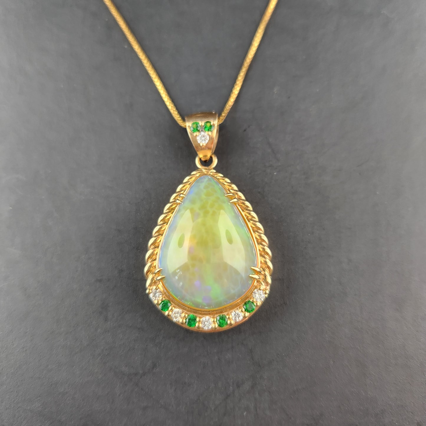 Opal, Diamonds and Tsavorite Pendant set in 14 ky