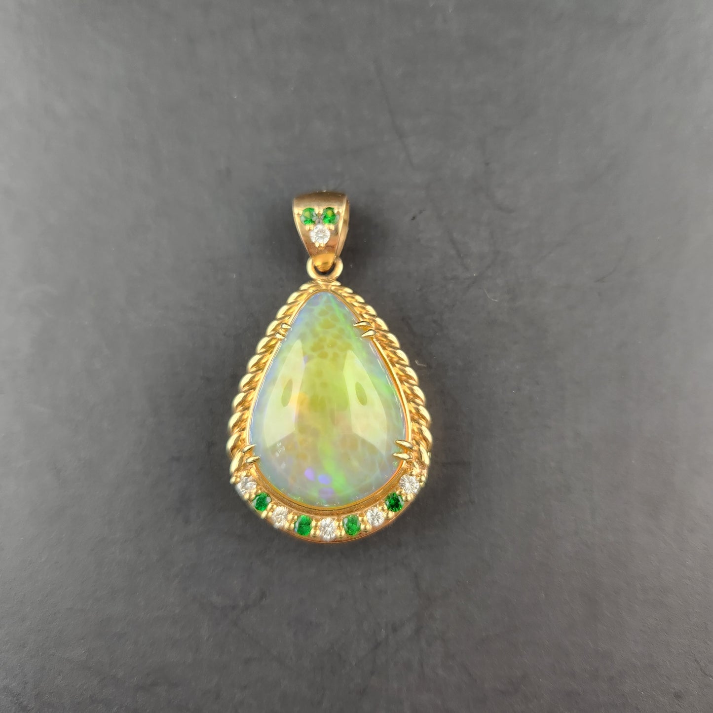Opal, Diamonds and Tsavorite Pendant set in 14 ky