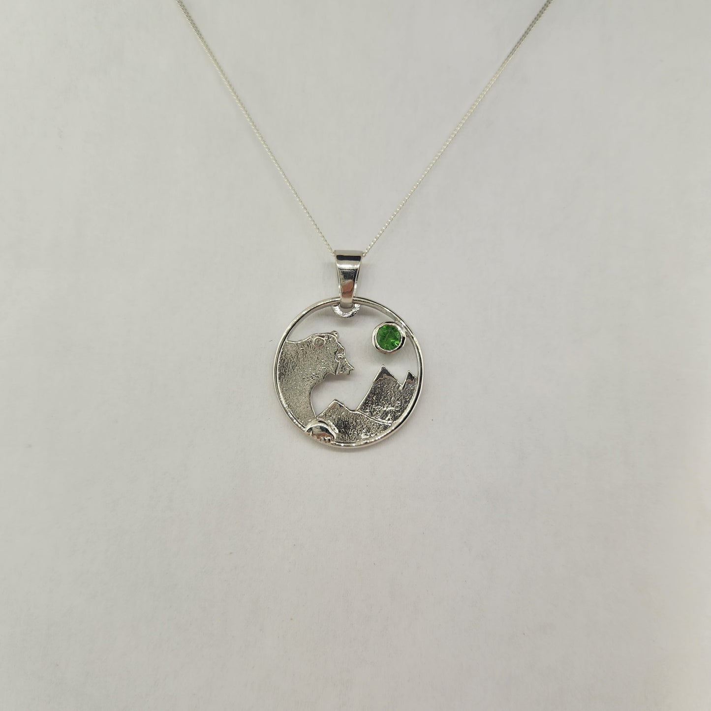 Lovely Bear and Mountain Range Pendant in Sterling Silver with Tsavorite Garnet Facet