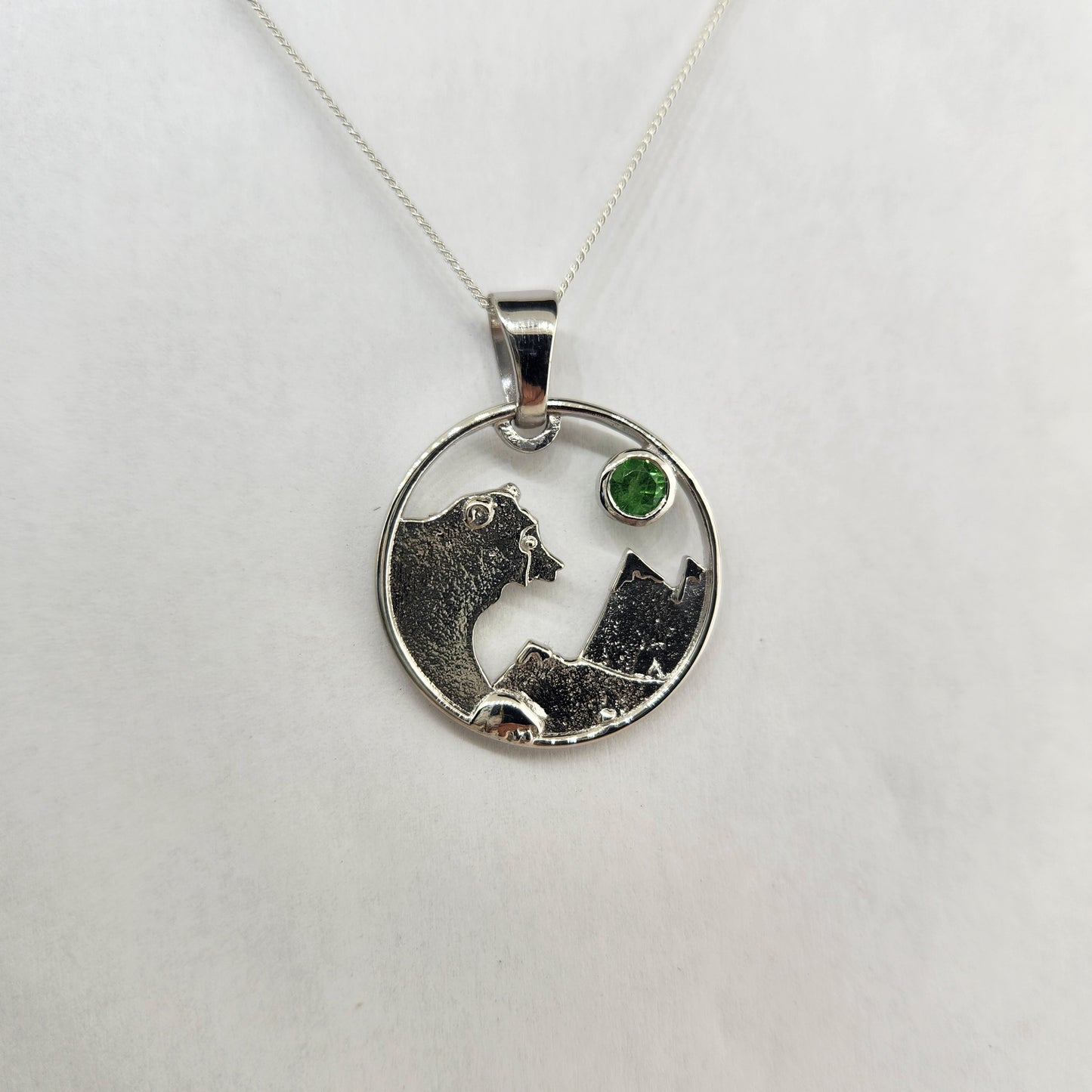 Lovely Bear and Mountain Range Pendant in Sterling Silver with Tsavorite Garnet Facet