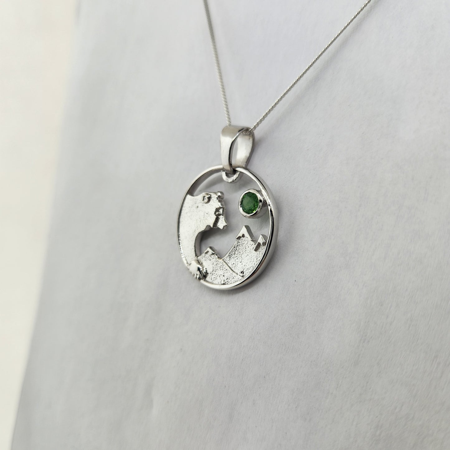 Lovely Bear and Mountain Range Pendant in Sterling Silver with Tsavorite Garnet Facet