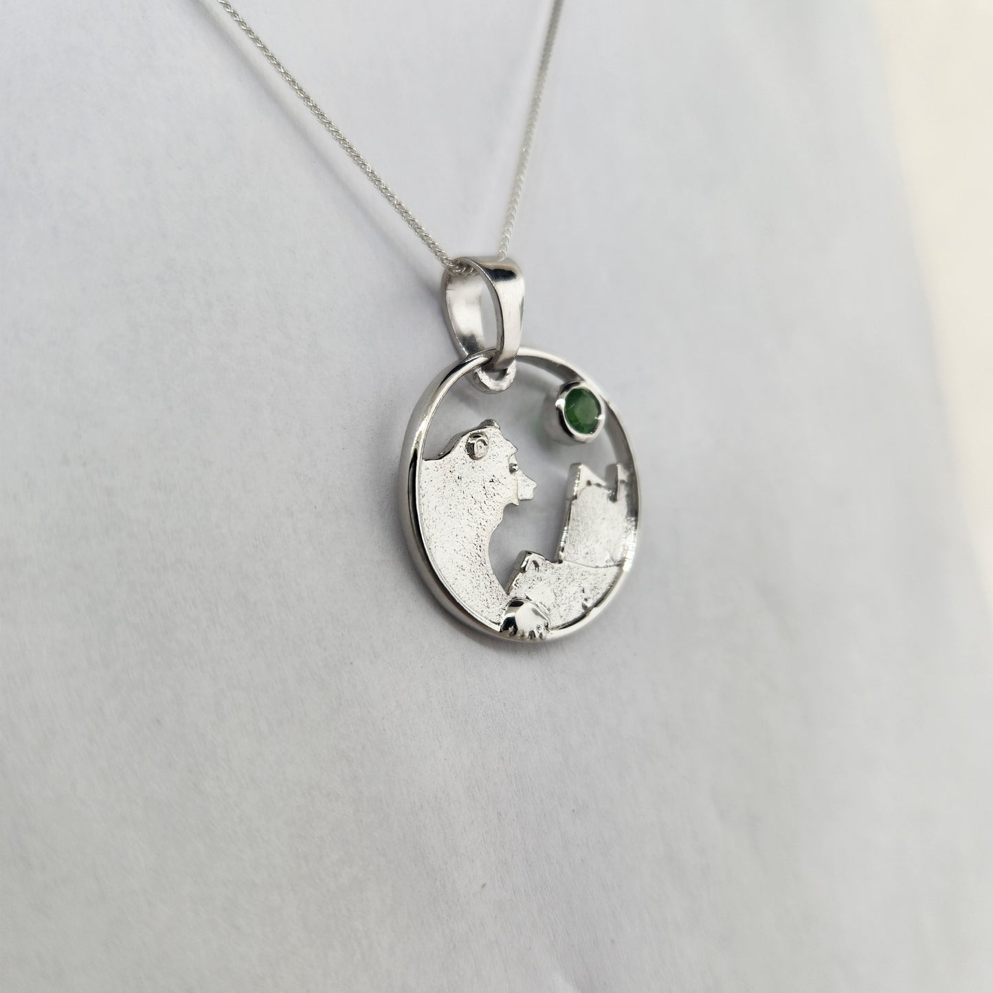 Lovely Bear and Mountain Range Pendant in Sterling Silver with Tsavorite Garnet Facet