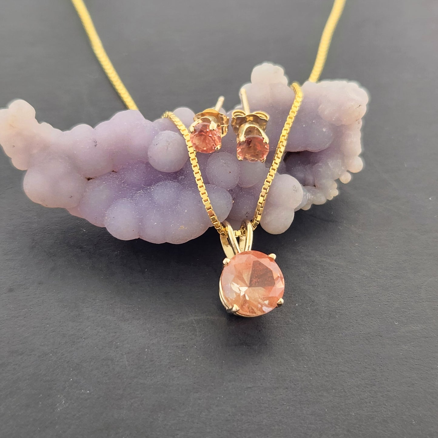 14 kt gold Oregon Sunstones Pendant and Earrings set in 14 kt gold.