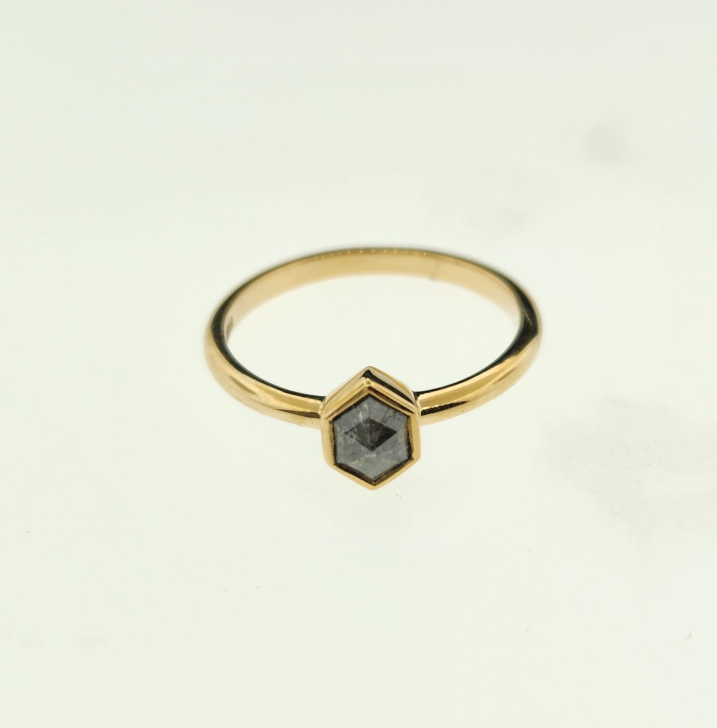 Salt & Pepper Hexagon Diamond Ring 14 k Yellow Gold.