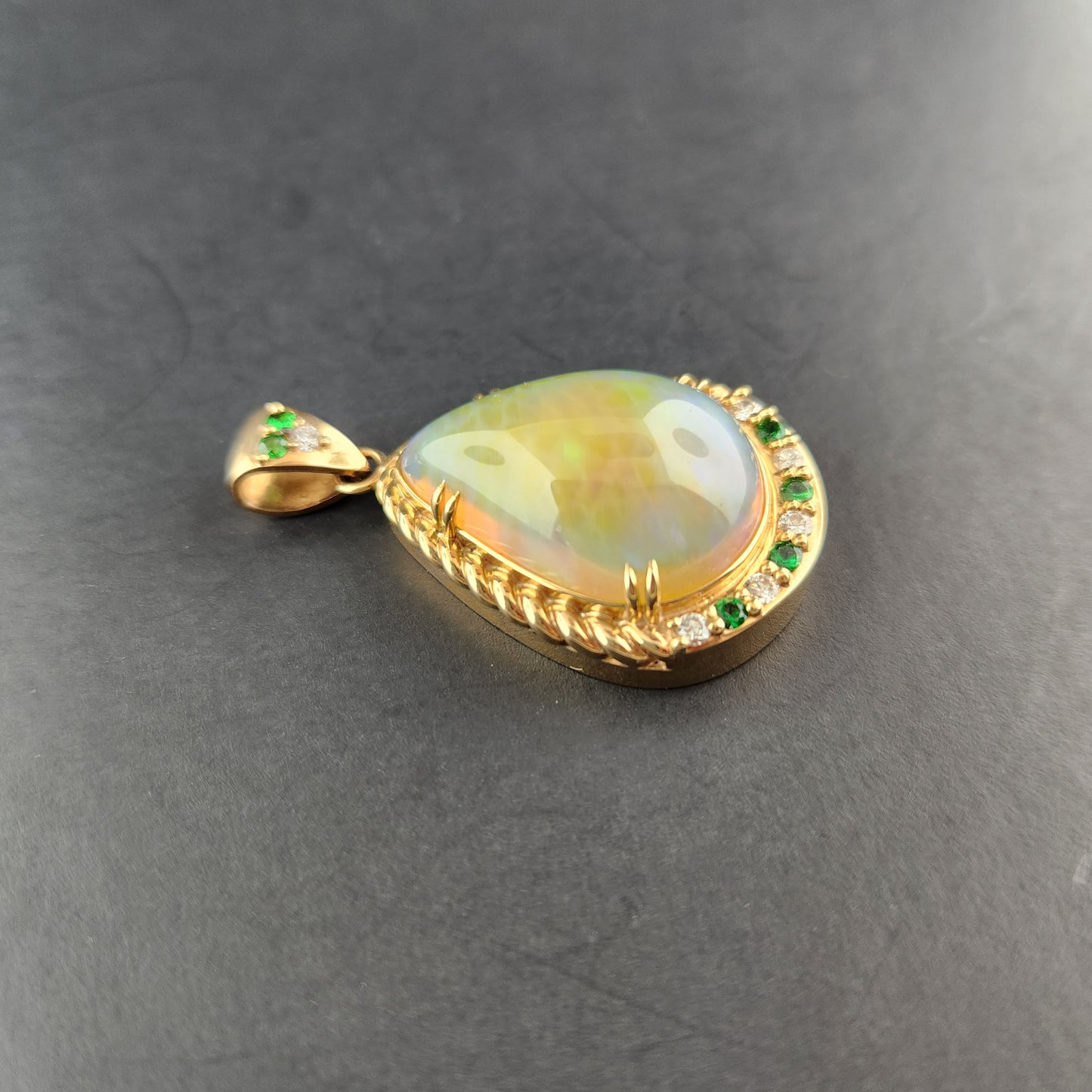 Opal, Diamonds and Tsavorite Pendant set in 14 ky