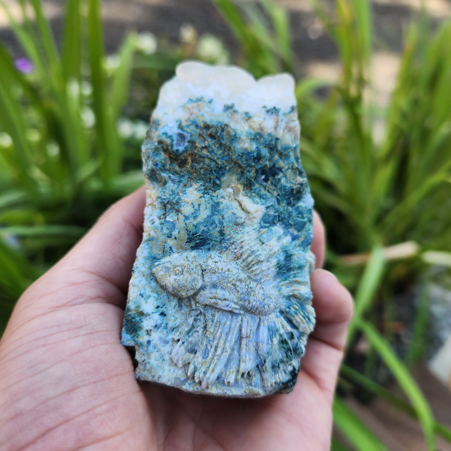 Fish Scene Handcarved into Moss Agate