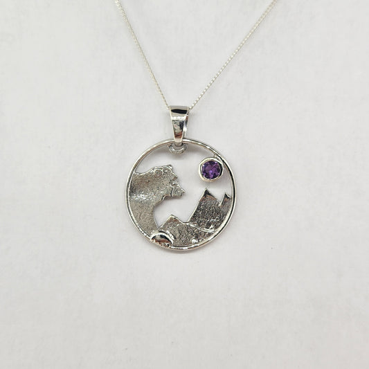Bear and Mountain Range Pendant in Sterling Silver with Amethyst Facet