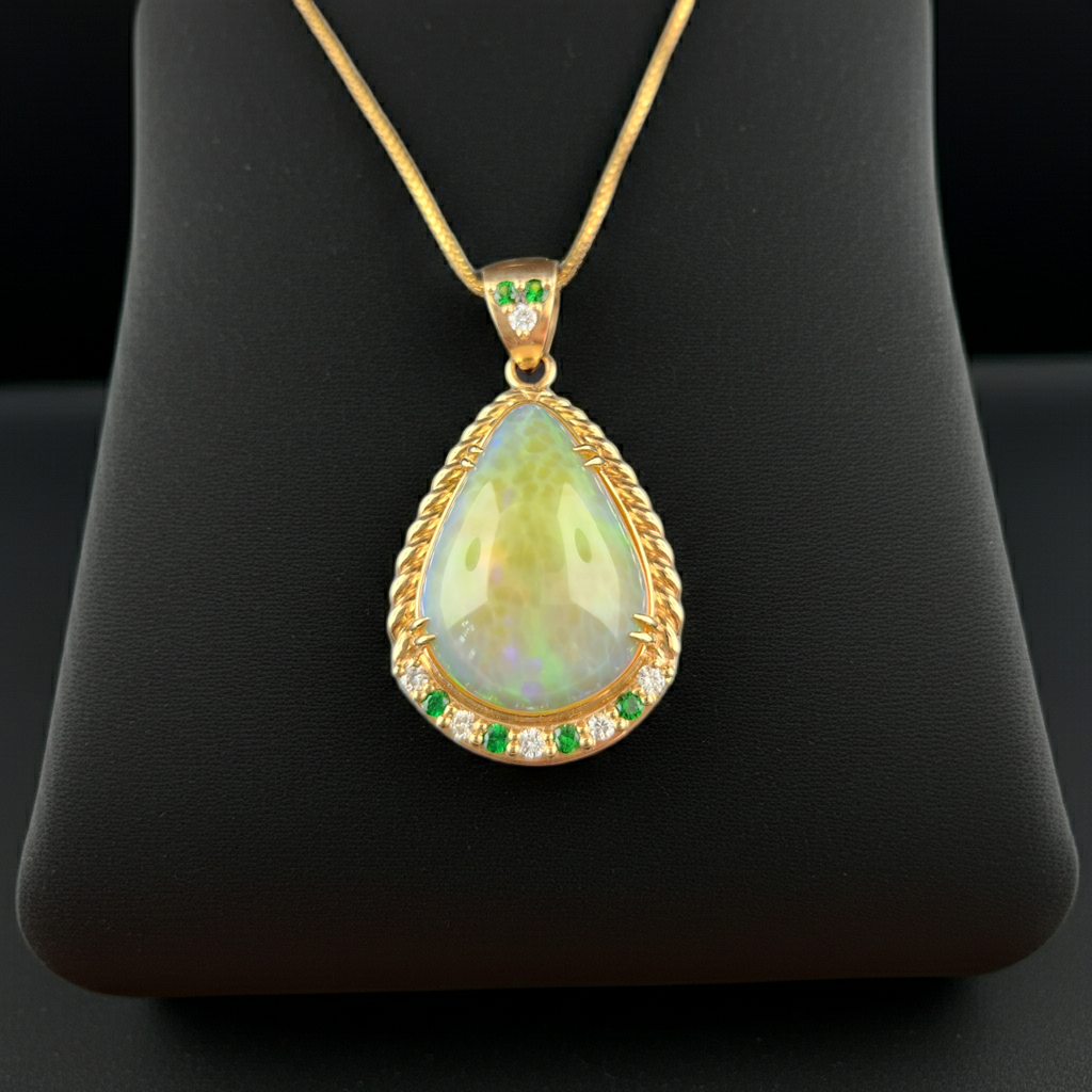 Opal, Diamonds and Tsavorite Pendant set in 14 ky