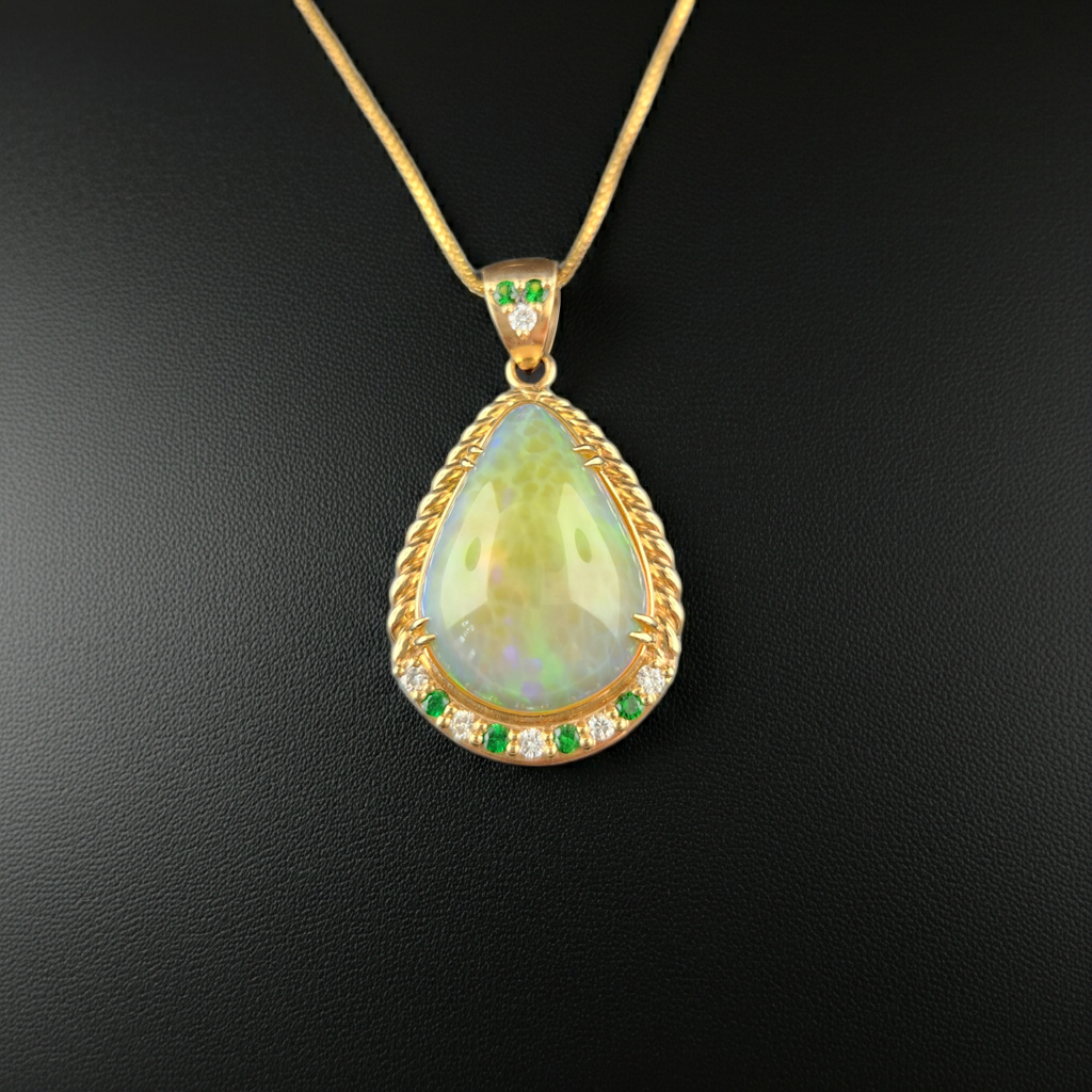 Opal, Diamonds and Tsavorite Pendant set in 14 ky