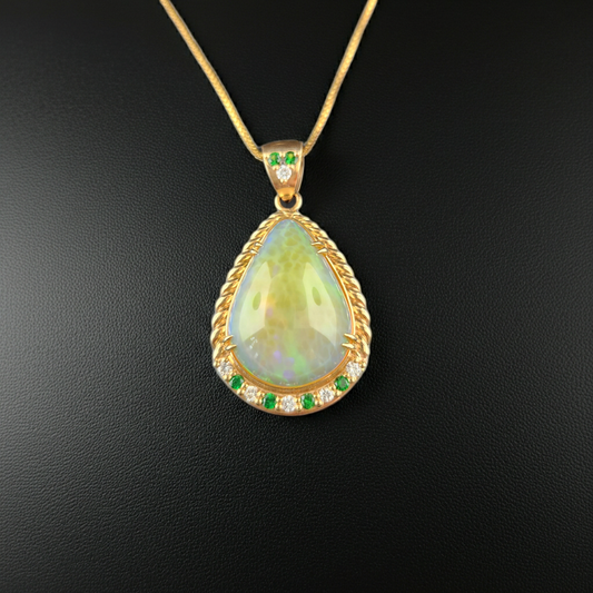Opal, Diamonds and Tsavorite Pendant set in 14 ky