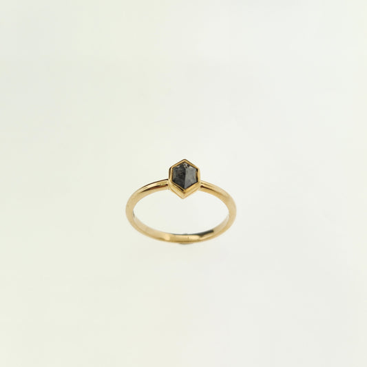 Salt & Pepper Hexagon Diamond Ring 14 k Yellow Gold.